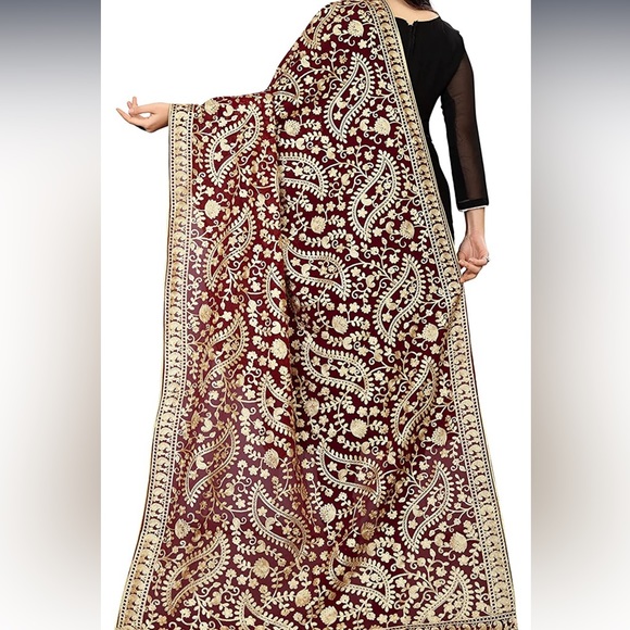 Women's Pure Georgette Embroidered Dupatta- Maroon - Picture 2 of 4